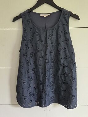 LOFT Blue Floral Lace Sleeveless Round Neck Tank Top Women Size L